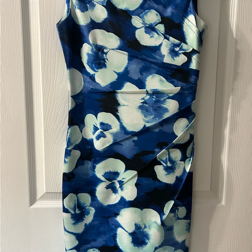 Calvin Klein Blue Floral Scuba Sheath Midi Dress Size 2